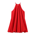 Vestido Plissado Retro Vermelho com Gola Redonda