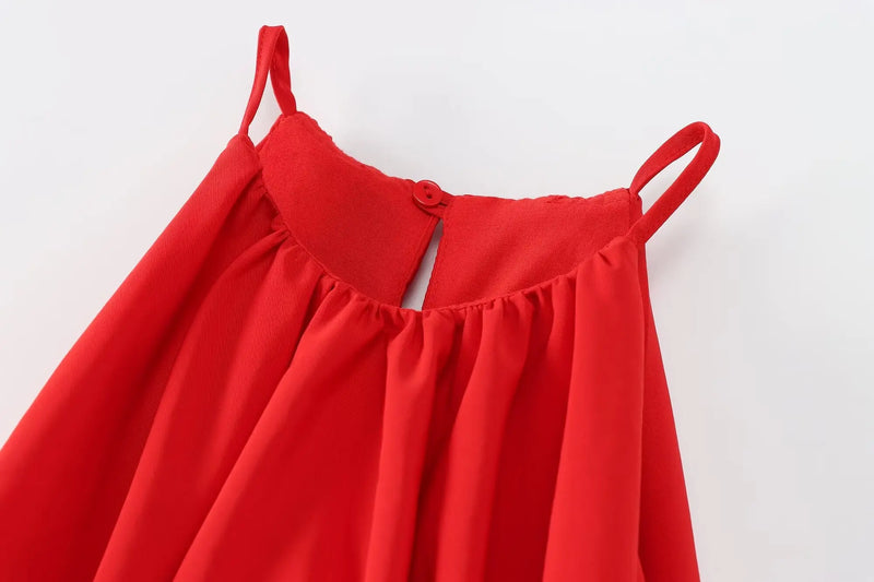 Vestido Plissado Retro Vermelho com Gola Redonda