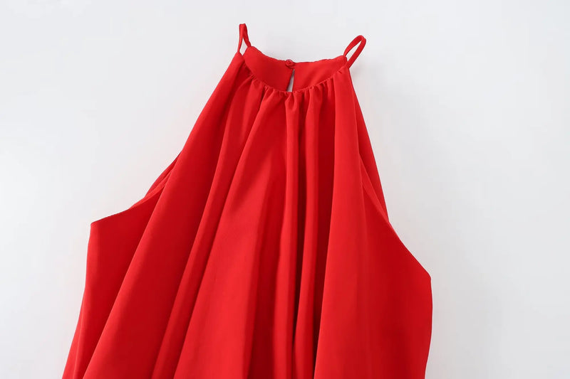 Vestido Plissado Retro Vermelho com Gola Redonda